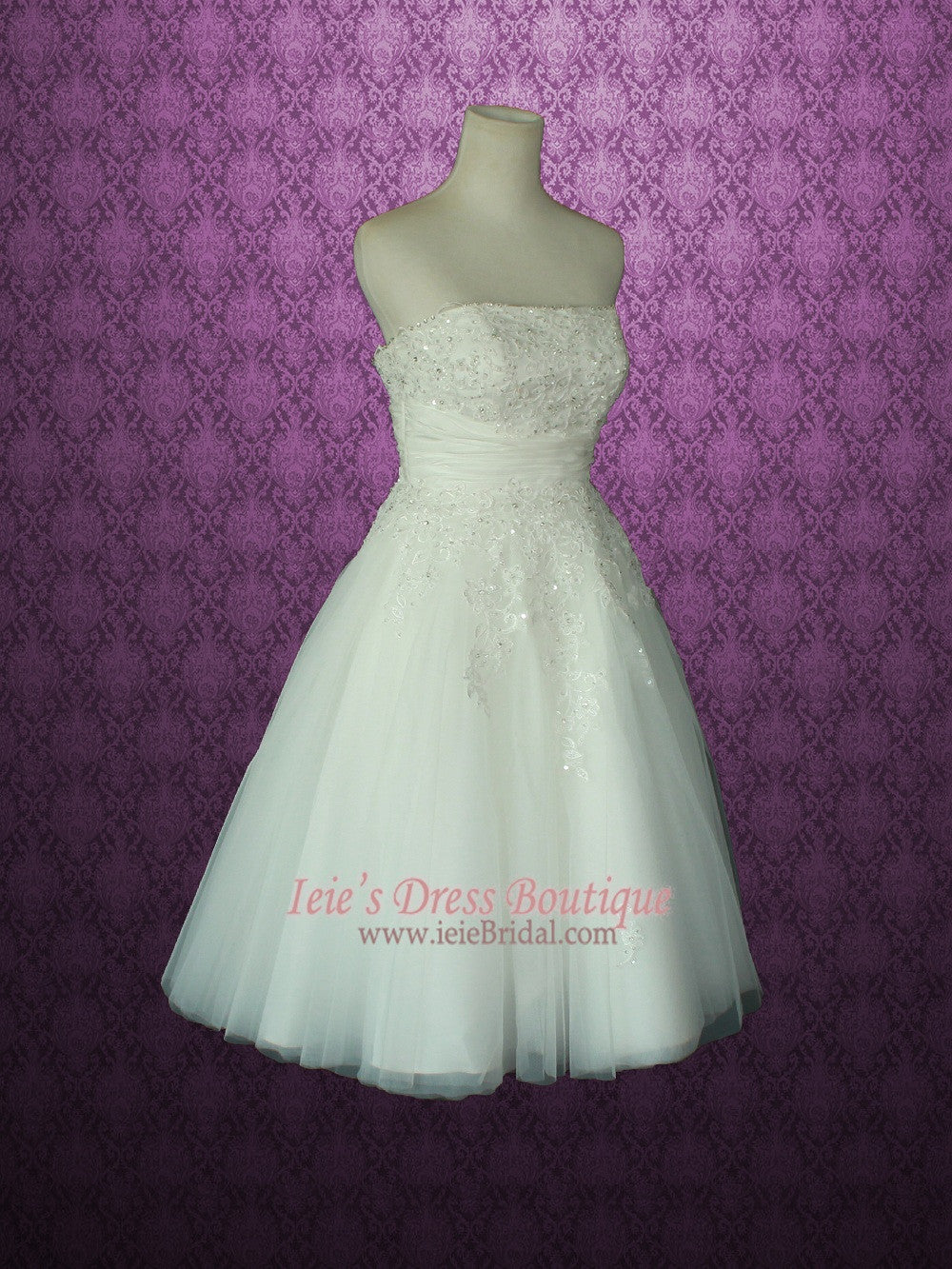 Retro 50s Strapless Lace Tea Length White Tulle Dress