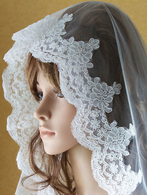 Cathedral Mantilla Veil with Eyelash Lace Trim, Lace Wedding Veil