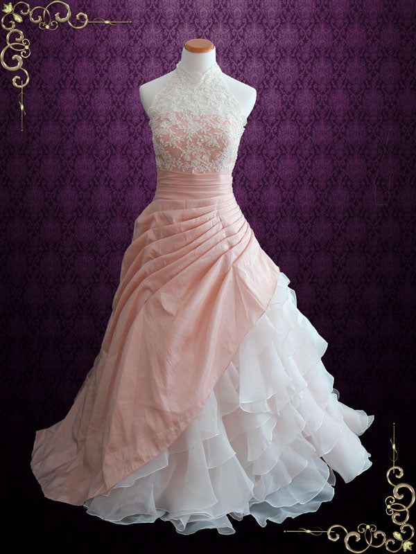 Halter Blush Pink Ball Gown Wedding Dress with Organza Ruffles Alina ieie