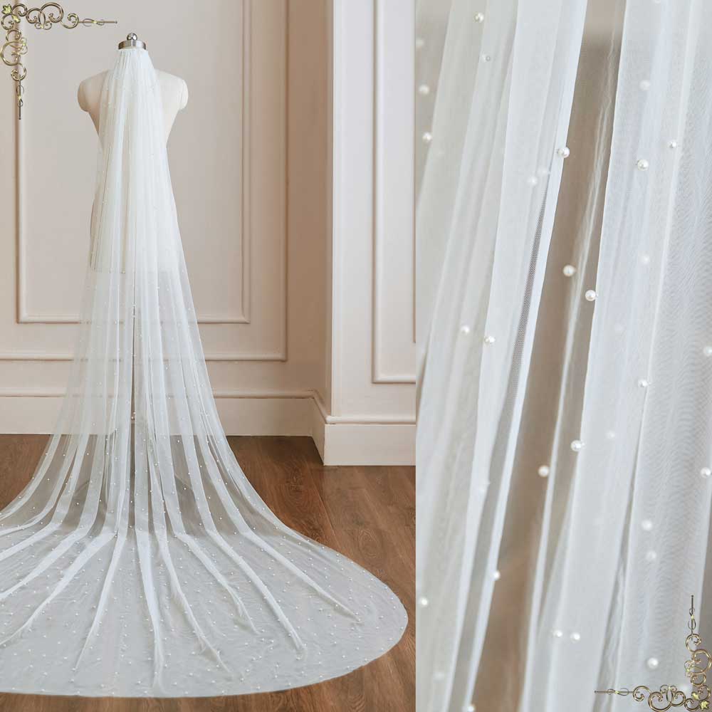 One Layer Long Veil Pearl Veil Tulle Wedding Veil Cathedral 