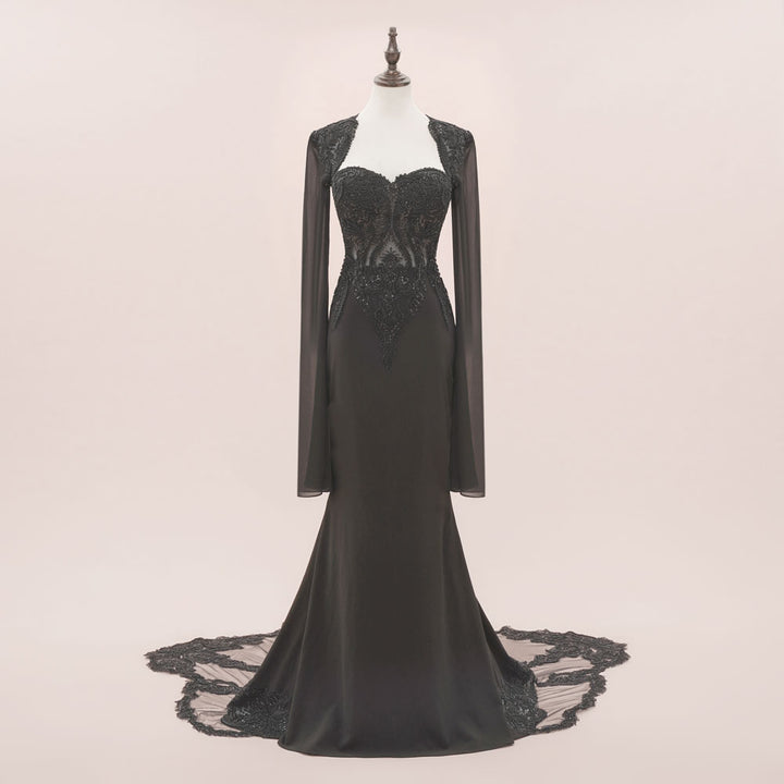 Black Gothic Halloween Lace Wedding Dress with Chiffon sleeves | ISODIE