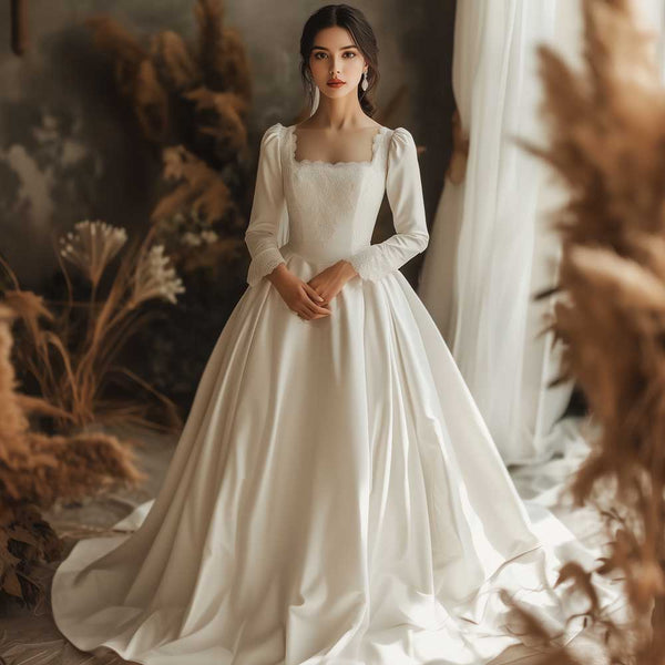 Classic Ball Gown Wedding Dress with Square Neckline and Lace Accents | WJ2403