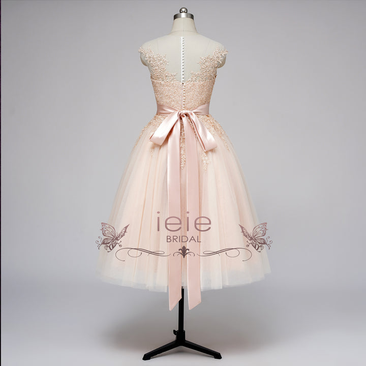 Vintage Blush Tea Length Wedding Dress with Illusion Neck
