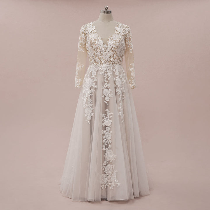 Boho Lace Wedding Dress with Long Sleeves and Illusion Back | ELANA