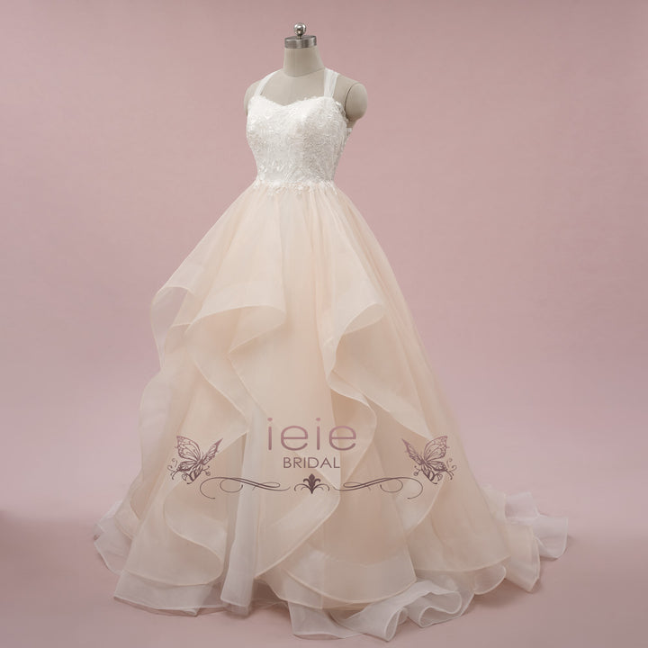 Champagne Ruffle Ball Gown Wedding Dress with Lace Top