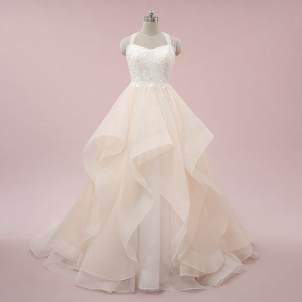 Champagne Ruffle Ball Gown Wedding Dress with Lace Top | NAROD