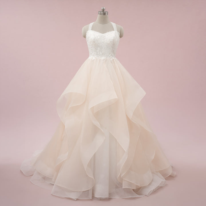 Champagne Ruffle Ball Gown Wedding Dress with Lace Top