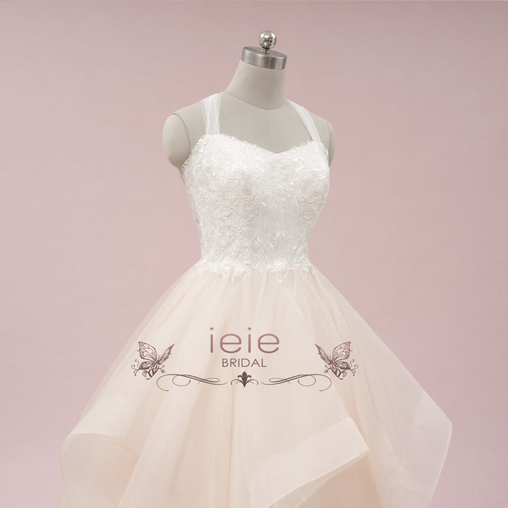 Champagne Ruffle Ball Gown Wedding Dress with Lace Top