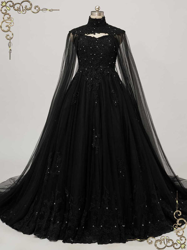 Black Lace Tulle Cape with High Neck