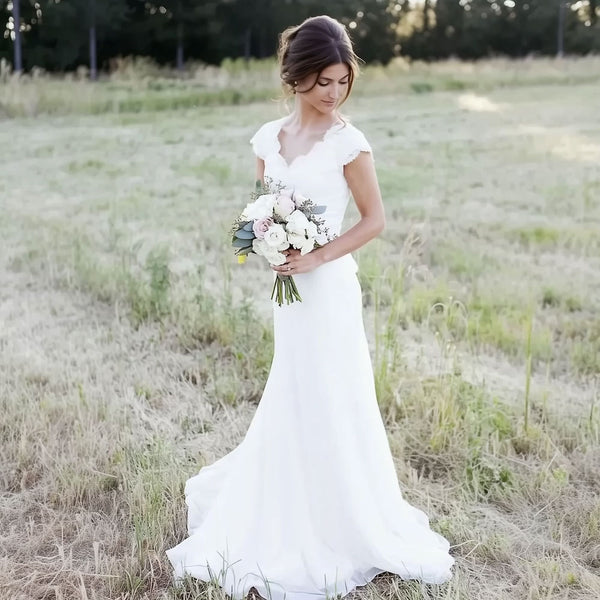 Elegant Modest Lace Wedding Dress With Scallop Lace V-Neck And Cap Sleeves | Mary