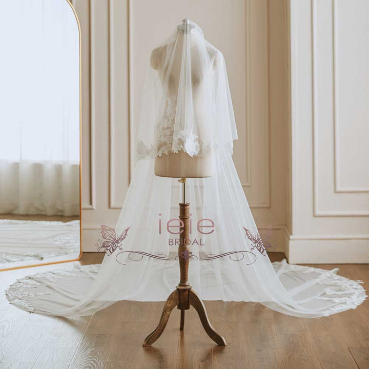 Long Cathedral Lace Wedding Veil with Blusher VG3050