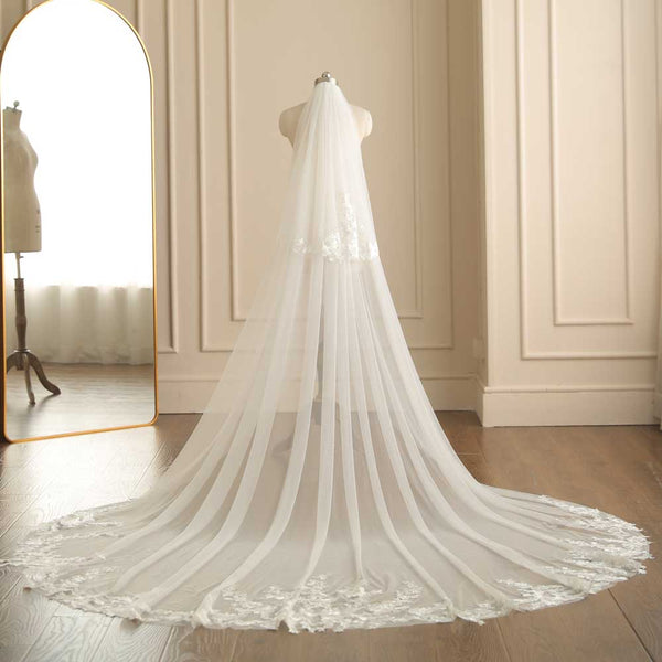 Long Cathedral Lace Wedding Veil with Blusher VG3050