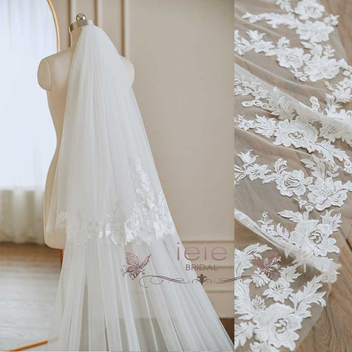 Long Cathedral Lace Wedding Veil with Blusher VG3050