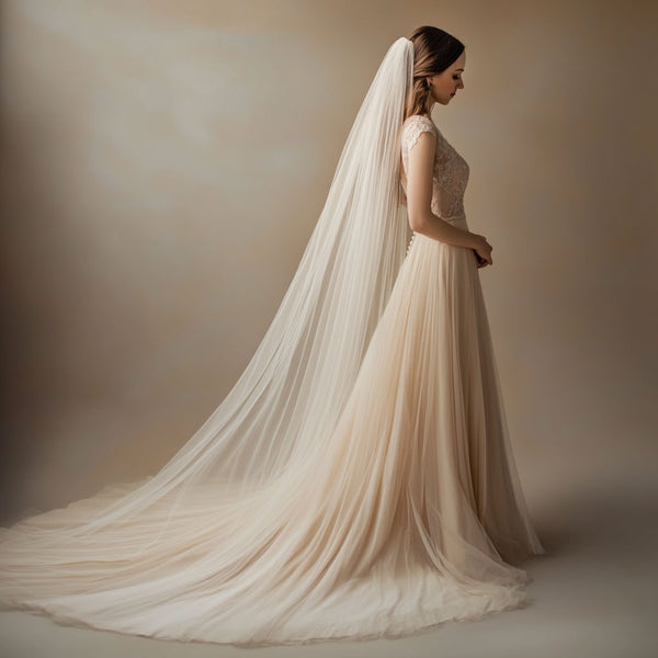 Champagne Long Chapel and Cathedral Tulle Veil With Raw Edge VG1030