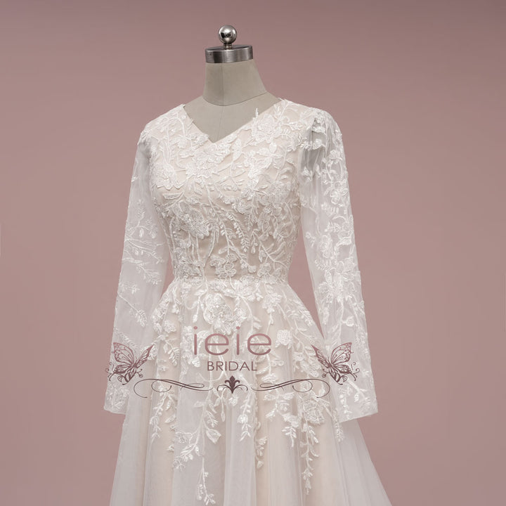 Modest Champagne Lace Wedding Dress with Long Sleeves | MASON