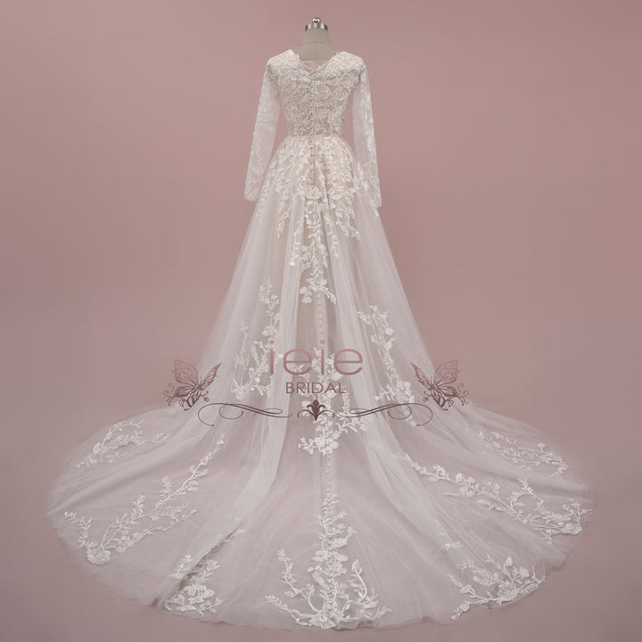 Modest Champagne Lace Wedding Dress with Long Sleeves | MASON