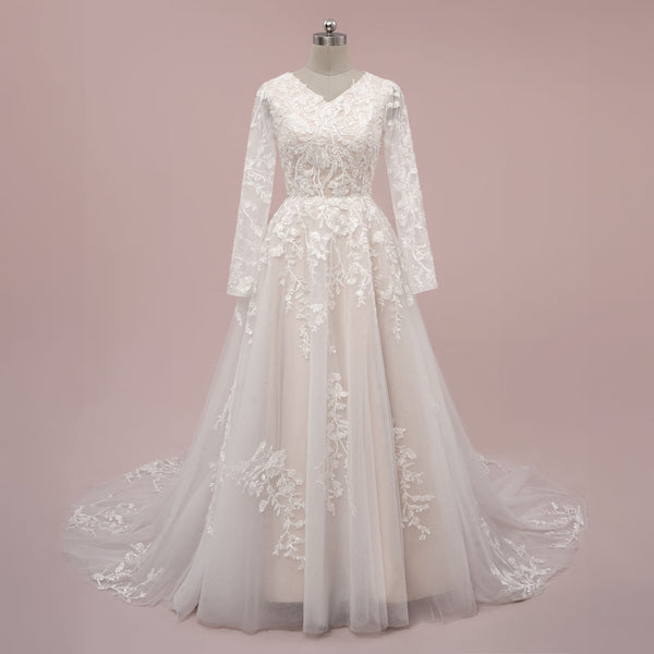 Modest Champagne Lace Wedding Dress with Long Sleeves | MASON