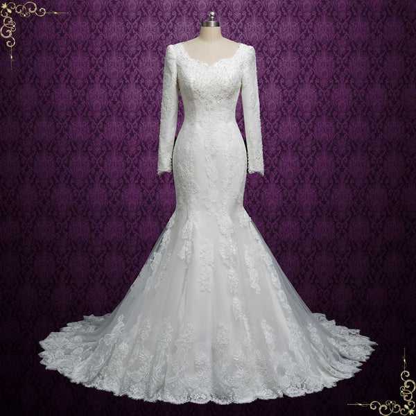 Modest Lace Wedding Dress with Long Sleeves ELLISiNA