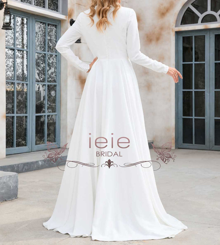 Minimal Simple Crepe Wedding Dress with Long Sleeves X1001 – ieie