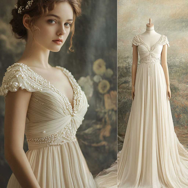 Grecian Moon Princess Chiffon Wedding Dress with Cap Sleeves WJ2401