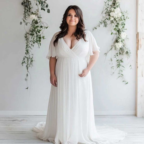 Plus Size Chiffon Wedding Dress with Flutter Sleeves WJ2407