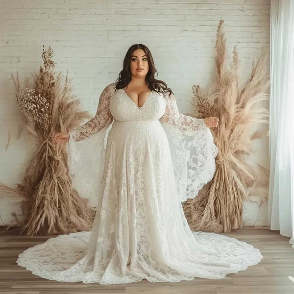 Plus Size Lace Wedding Dress with Bell Sleeves | WJ2408