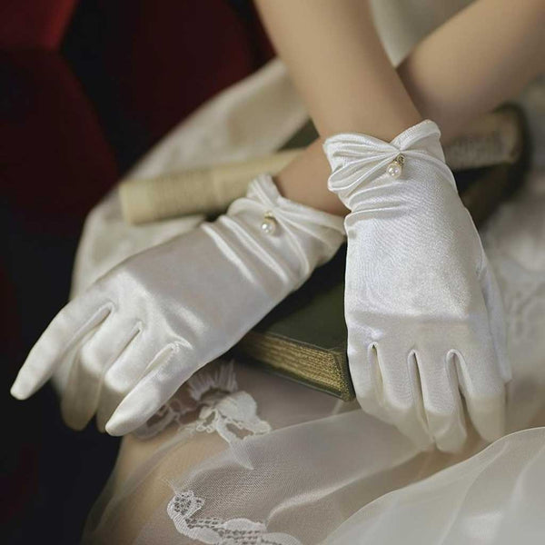 Short Ivory Satin Gloves with Pearl Accent for Weddings and Formals AC1012