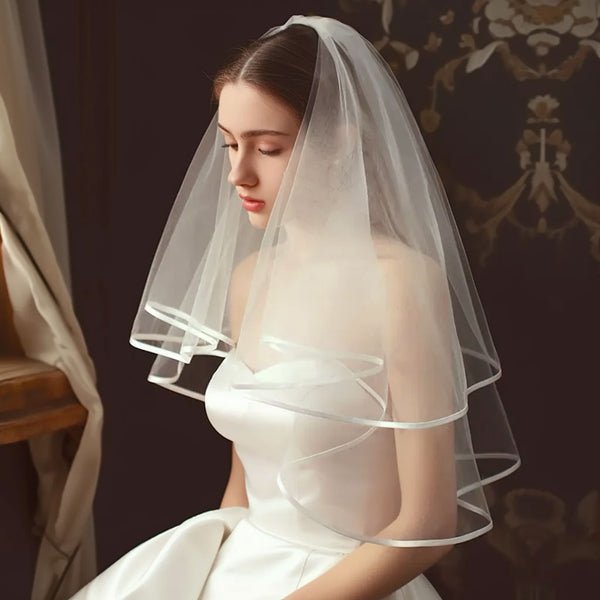 Two Tier Fingertip Wedding Veil With Satin Edges VG1079