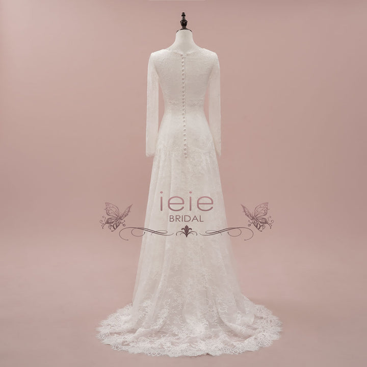 Vintage Style Modest Lace Wedding Dress with Long Sleeves | JASINIA