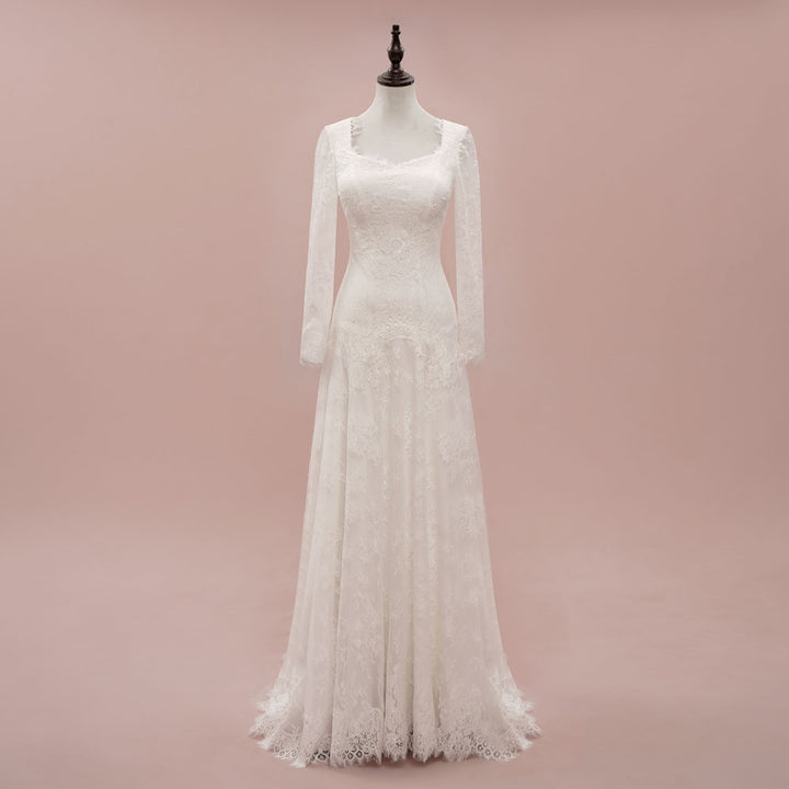 Vintage Style Modest Lace Wedding Dress with Long Sleeves | JASINIA