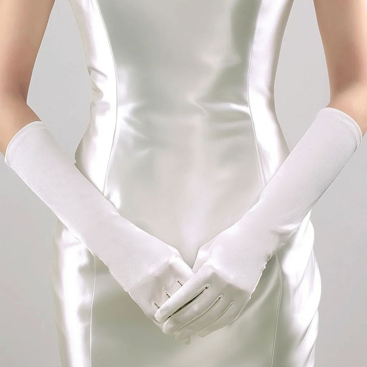 White Mid Length Luxury Satin Gloves for Wedding and Formal Events AC1015