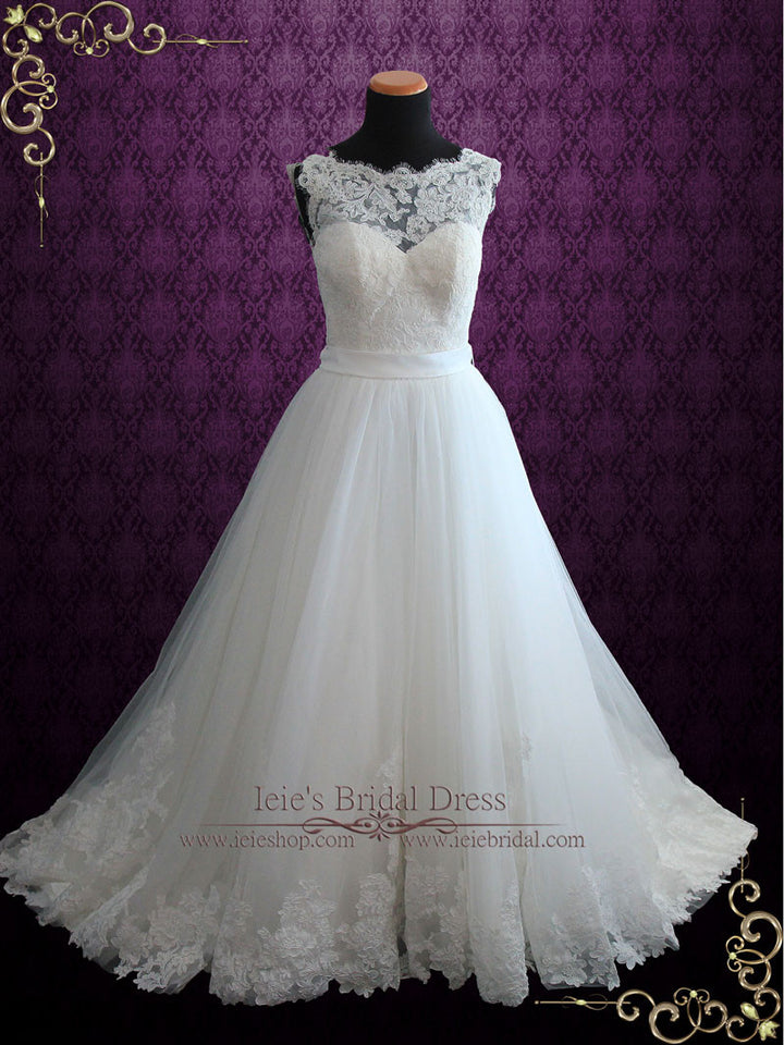 Lace Ball Gown Wedding Dress with Illusion Boat Neckline | Vana – ieie ...