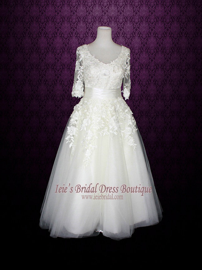 Long Sleeves Wedding Dress Short Retro Tea Length Wedding Dress | Mari ...