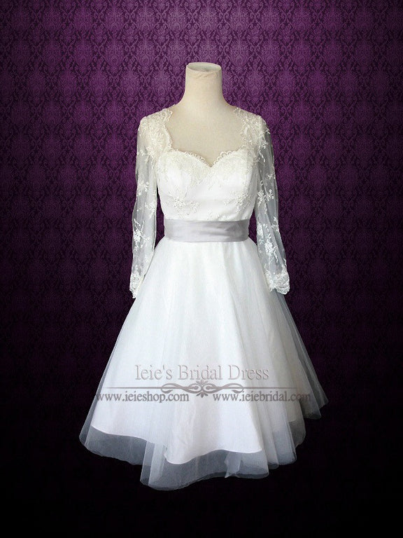 Retro 50s Tea Length Lace Wedding Dress with Long Sleeves | Divan ...