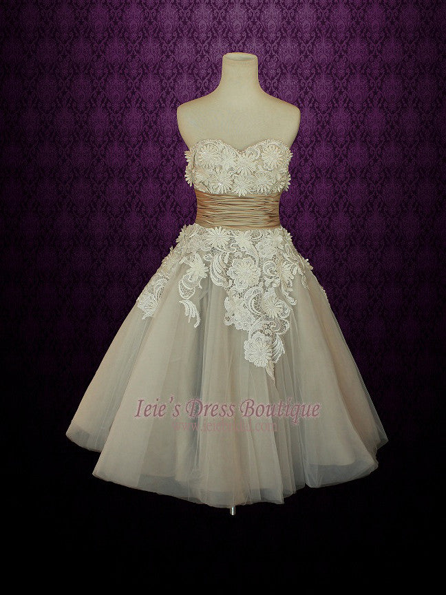 Retro Vintage 50s Mocha Sweetheart Short Tea Length Wedding Dress with ...