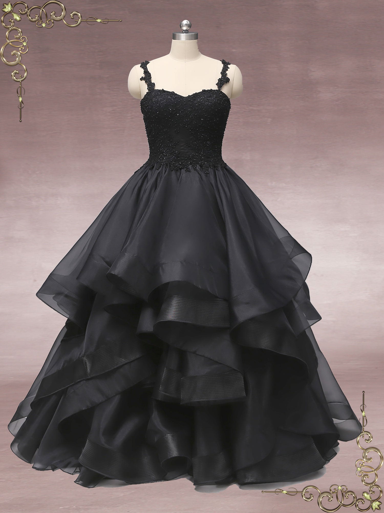 Black Lace Wedding Dress with Ruffle Skirt CAITLIN – ieie Bridal