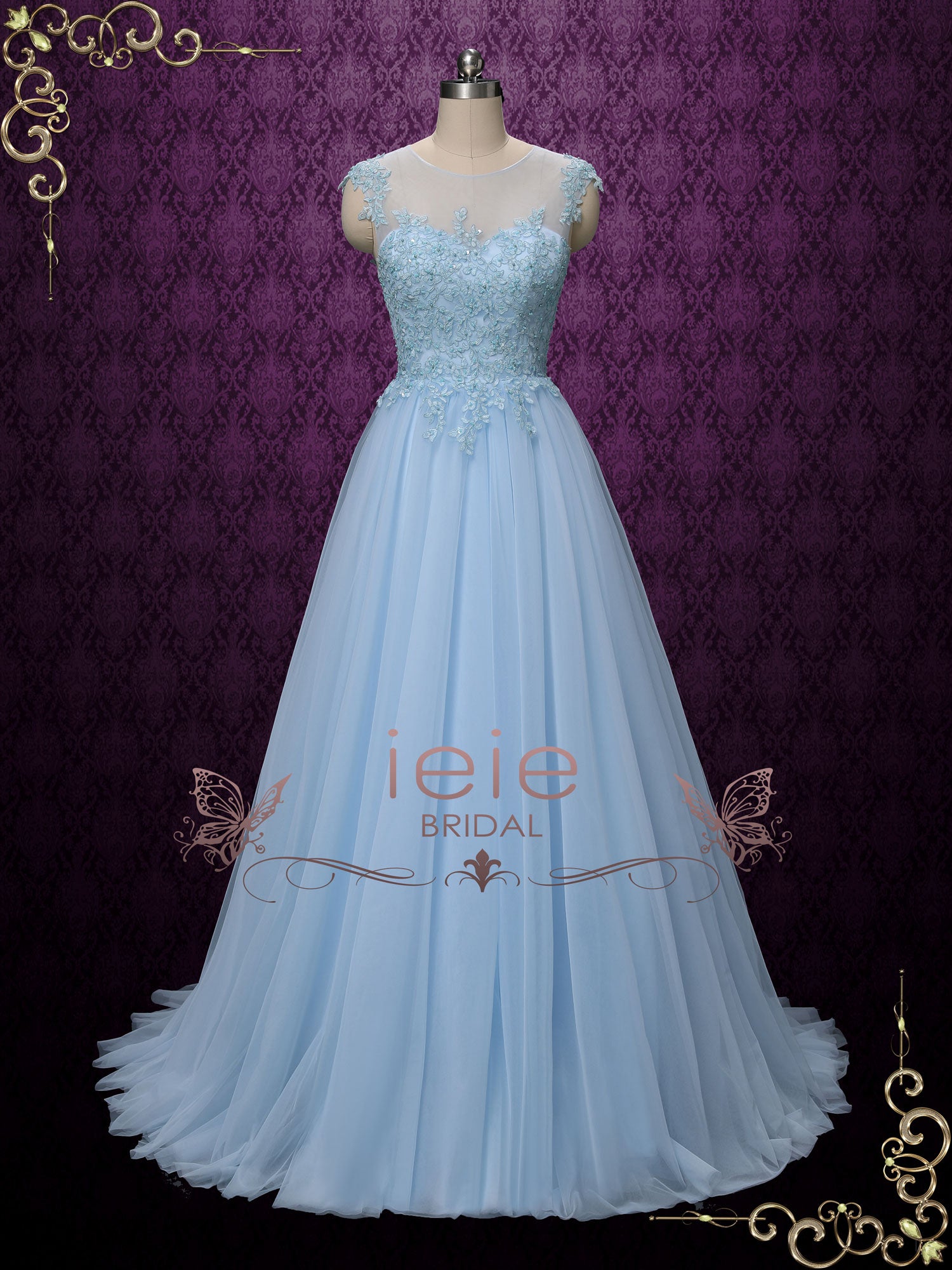 Blue Lace Wedding Formal Dress with Illusion Lack Back | KAY – ieie