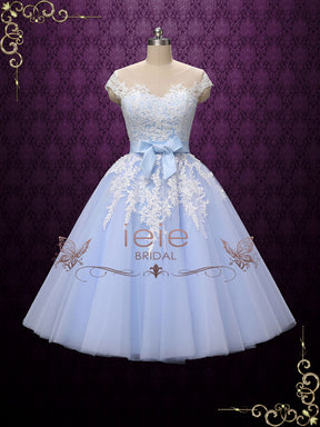 Blue Retro Tea Length Wedding Dress with Illusion Neckline ROSALIE – ieie