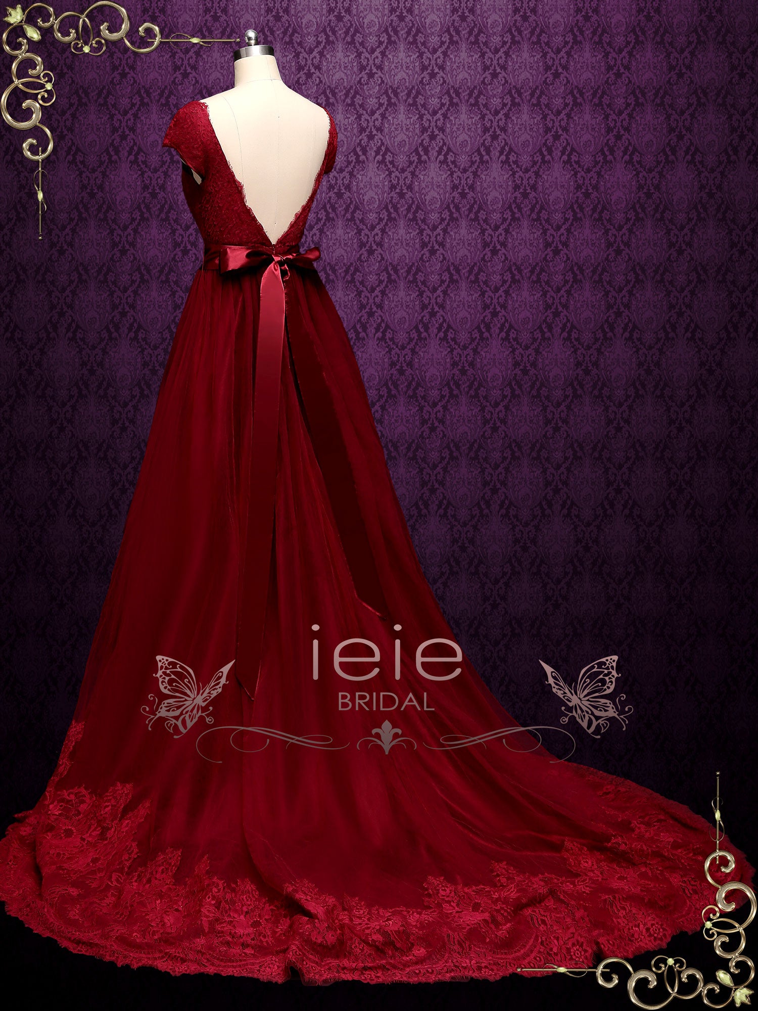 Burgundy Lace A-line Wedding Dress with ...