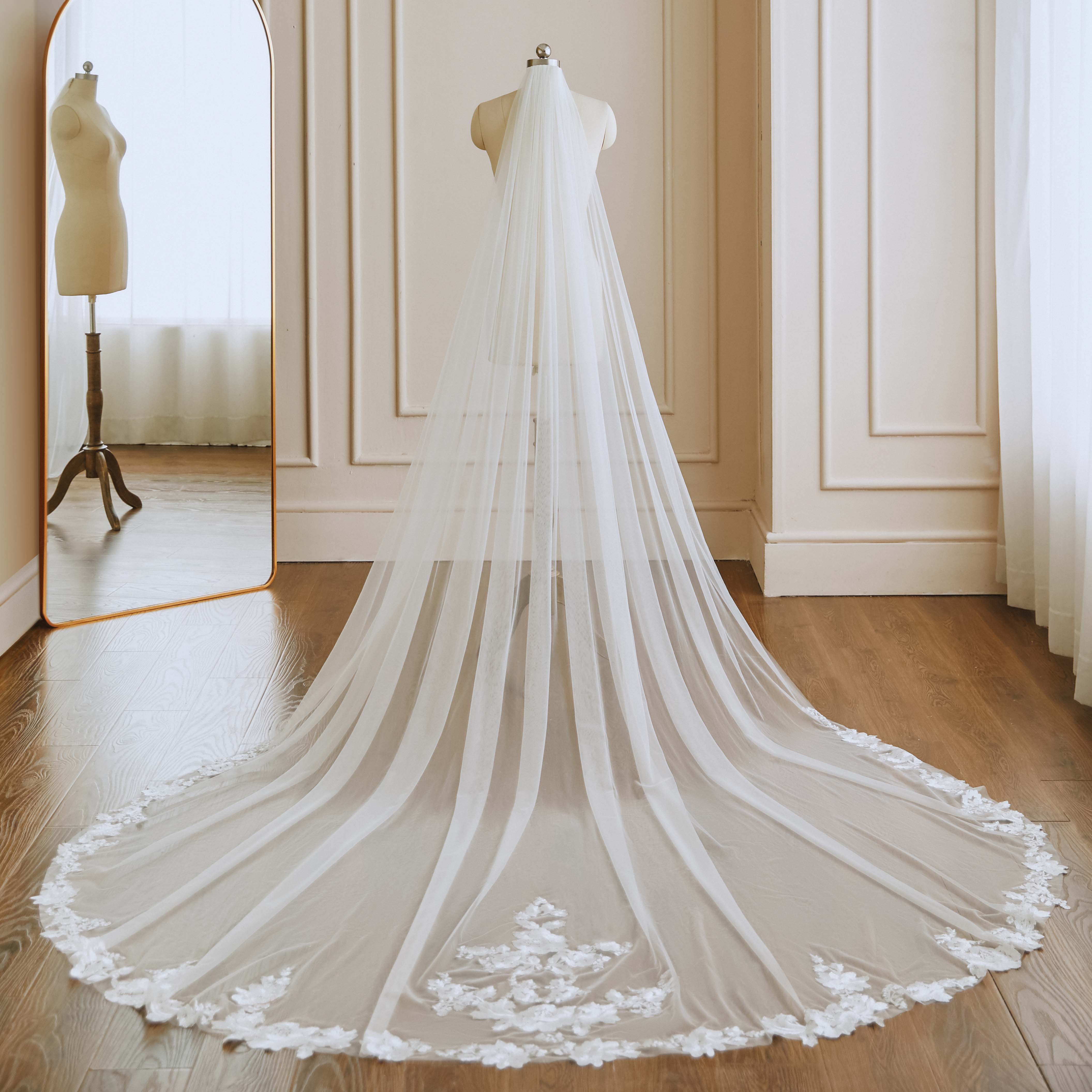 Cathedral Long Wedding Veil with Lace at Train VG3033 – ieie