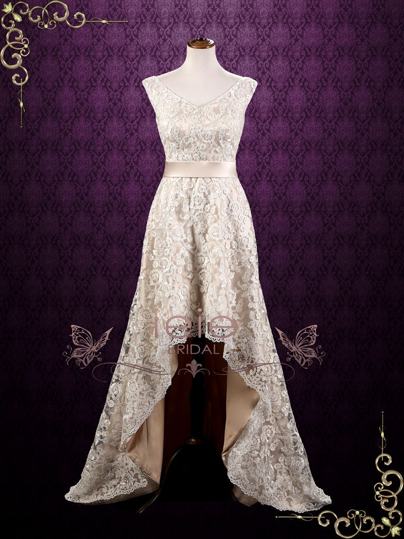 Champagne high shop low wedding dress