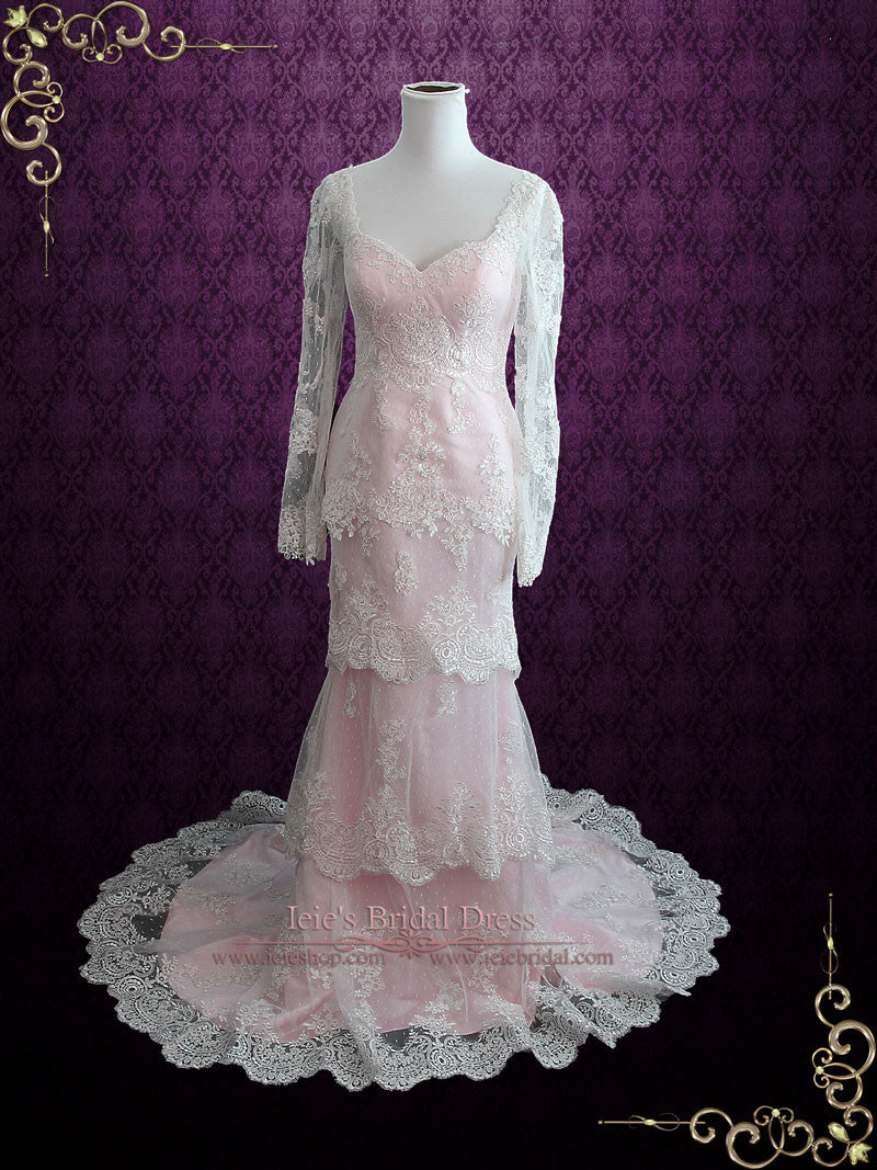 Pearl Pink Tiered Lace Wedding Dress With Long Sleeves Monaco Ieie 0295