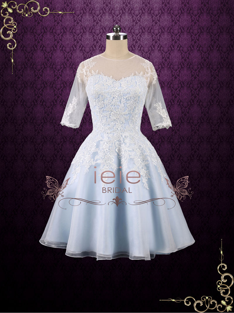 Ice Blue Short Lace Wedding Dress with Half Sleeves | Peyton – ieie