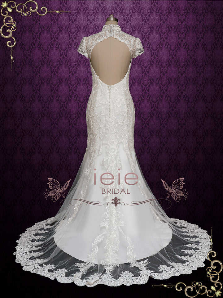 Lace Fit and Flare Wedding Dress with Mandarin Collar ANASTASIA – ieie