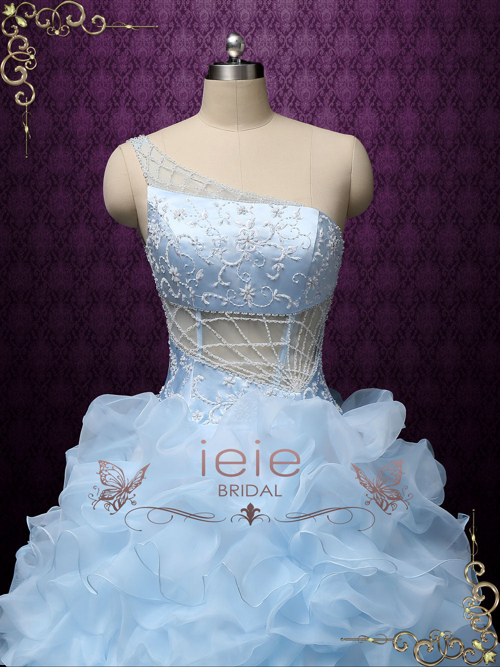 Blue One Shoulder Ruffles Ball Gown Wedding Dress COCO – ieie