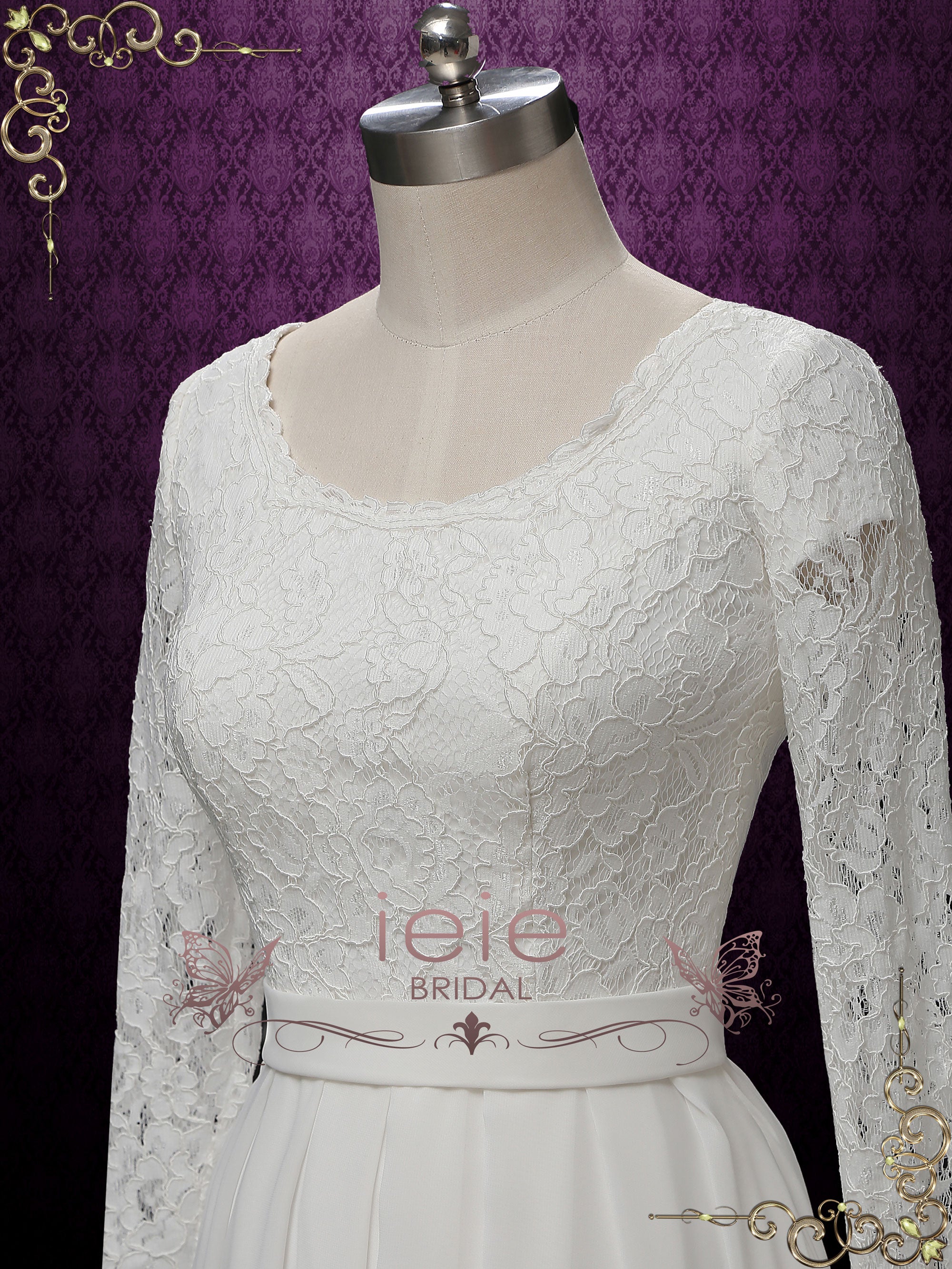 Modest Long Sleeves Chiffon Lace Wedding Dress Alura Ieie 3947