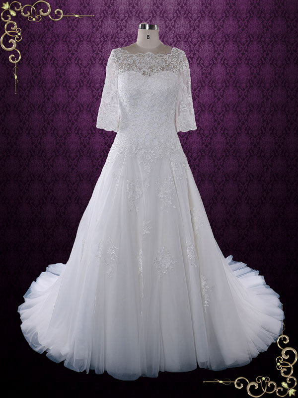 Modest Lace Wedding Dress with Half Sleeves and Illusion Neckline | An ...