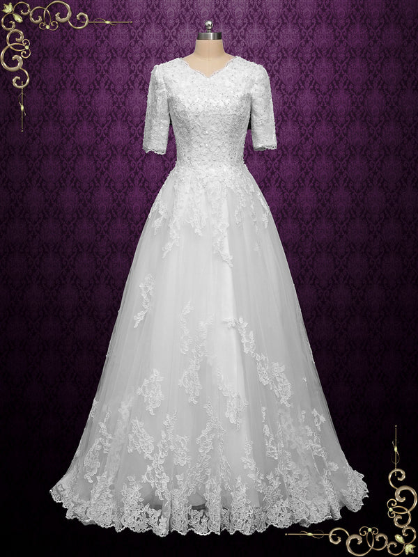 Modest Lace Ball Gown Wedding Dress with Sleeves NYALA