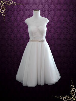 Vintage Inspired Tea Length Illusion Neck Tull Wedding Dress – ieie