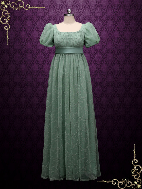 Green Regency Style Empire Dress with Floral Lace JOANNE – ieie